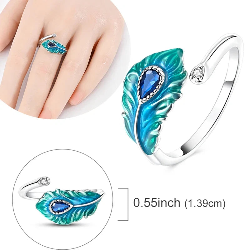925 Sterling Silver Malachite Green Open Ring | Peacock Feather Adjustable Ring for Women