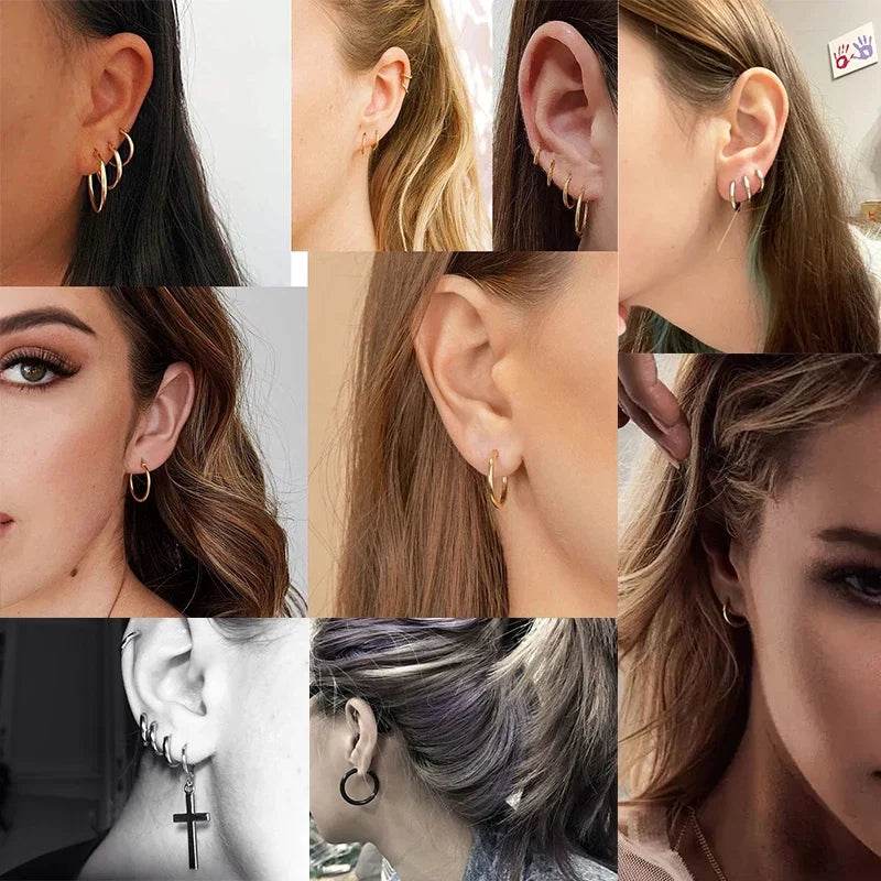 LUXUSTEEL Men's Simple Hoops Earrings Black Color Stainless Steel Clip Earring for Men Women Rock Hiphop Circle Ear 2 Pieces