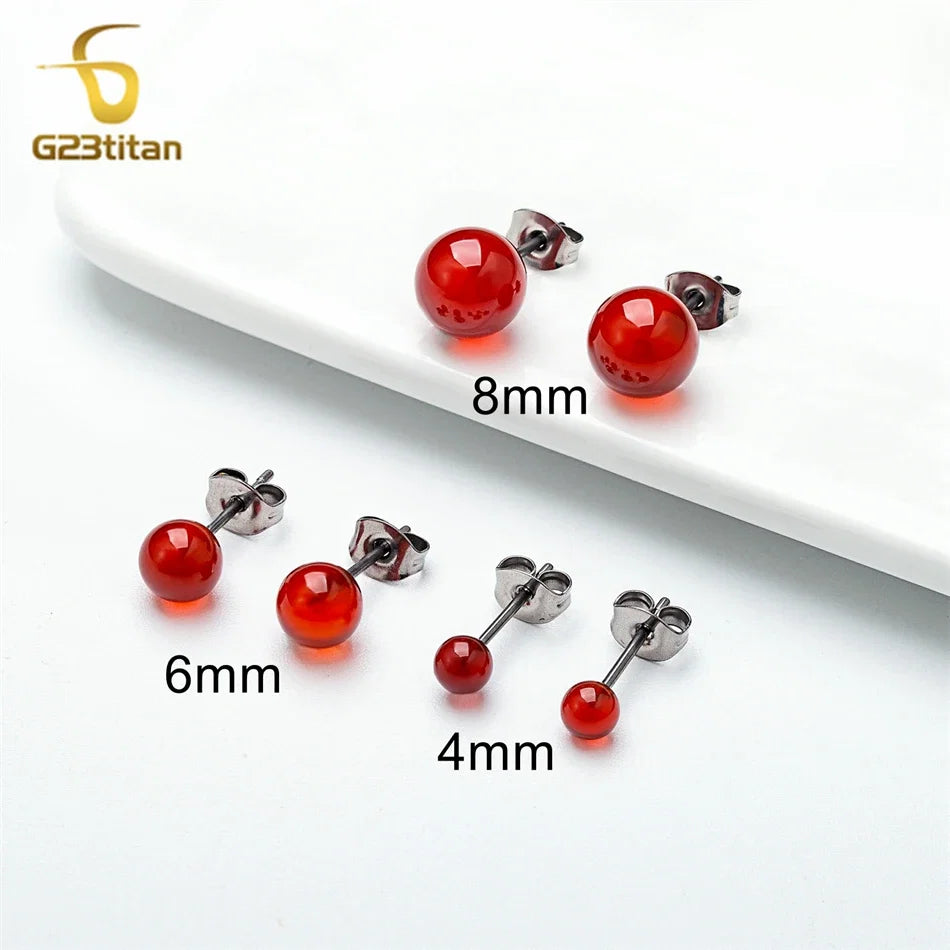 Red Carnelian Titanium Stud Earrings | Hypoallergenic Piercing Jewelry Gift