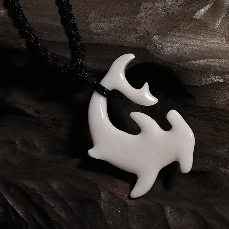 Tribal Hammerhead Shark Bone Pendant Necklace | Hand Carved Maori Amulet Jewelry