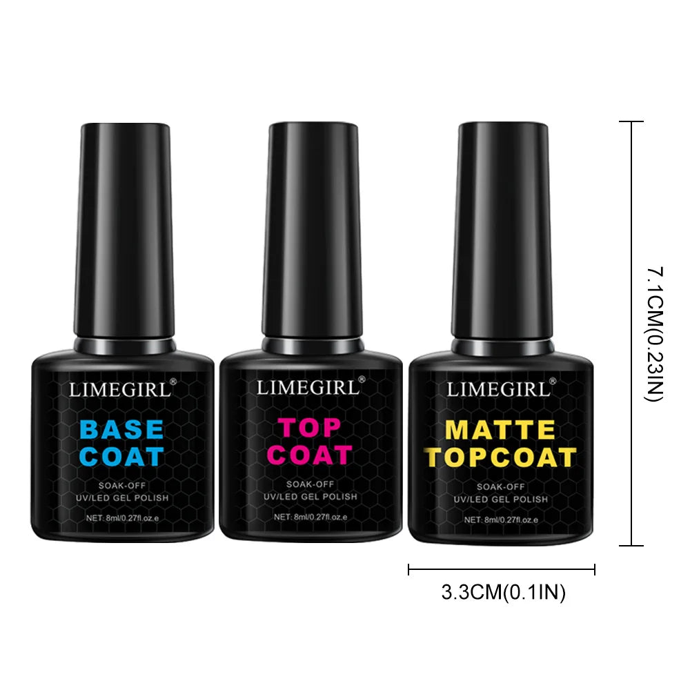 LIMEGIRL 8ml Soak Off Matte Top Base Coat | UV Gel Nail Polish for Manicure