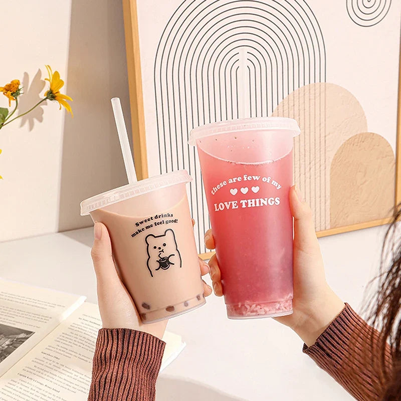 Kawaii Water Bottle for Coffee Juice Milk Tea | Cute Plastic Cold Cups with Straw Lid