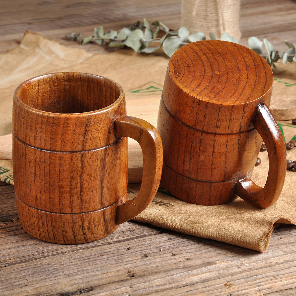 Handcrafted Wooden Coffee Mug | 320ml Natural Solid Wood Beer Cup with Handle