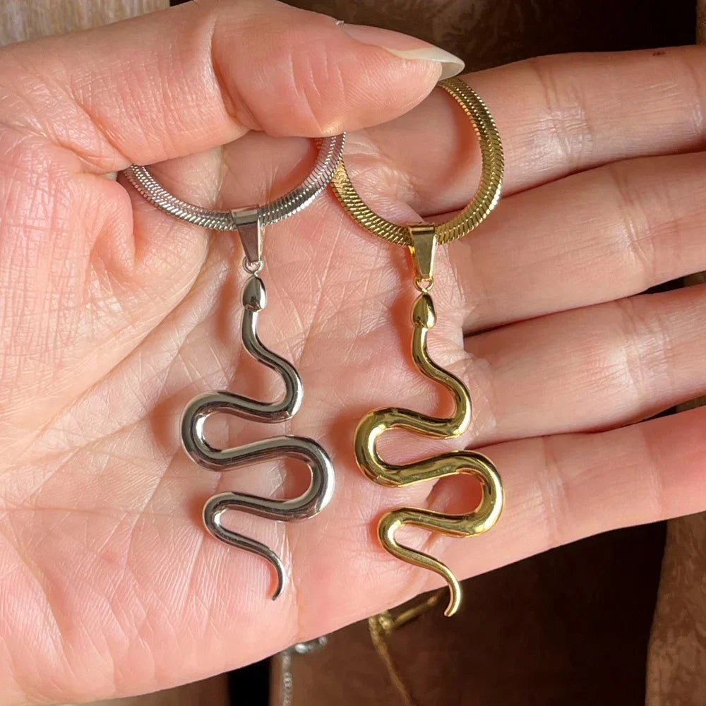 Flat Snake Chain Snake Pendant Necklace | Stainless Steel Choker Jewelry for Women