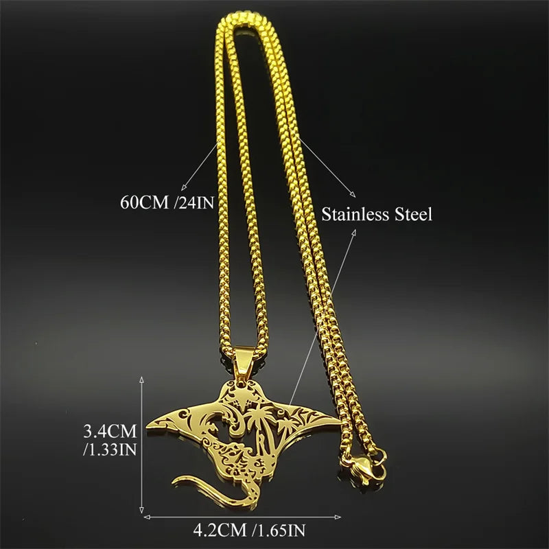 Manta Ray Sea Devil Fish Pendant Necklace | Stainless Steel Gold Silver Color Chain Jewelry
