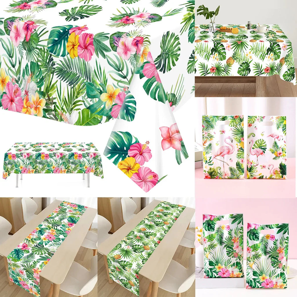 Tropical Hawaiian Party Tablecloth and Flamingo Decor Set | Plastic Table Runner and Candy Bags