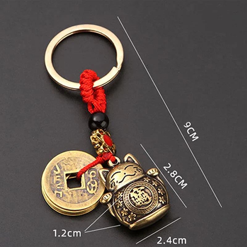 Handmade Brass Feng Shui Coins Keychain | Lucky Cat Car Keychain with Five Emperors Money
