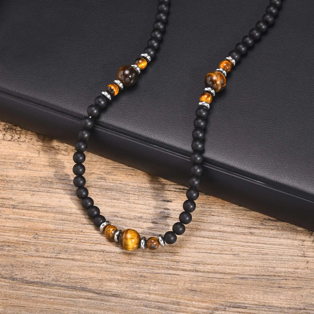 Casual Black Brown Beaded Necklace for Men | Summer Beach Tiger Eye Stone Jewelry