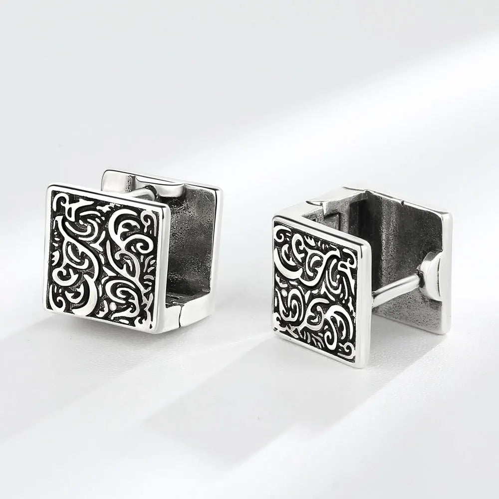 Vintage Ethnic Square Hoop Huggie Earrings | Unisex Geometric Silver-Tone Earrings