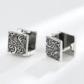 Vintage Ethnic Square Hoop Huggie Earrings | Unisex Geometric Silver-Tone Earrings