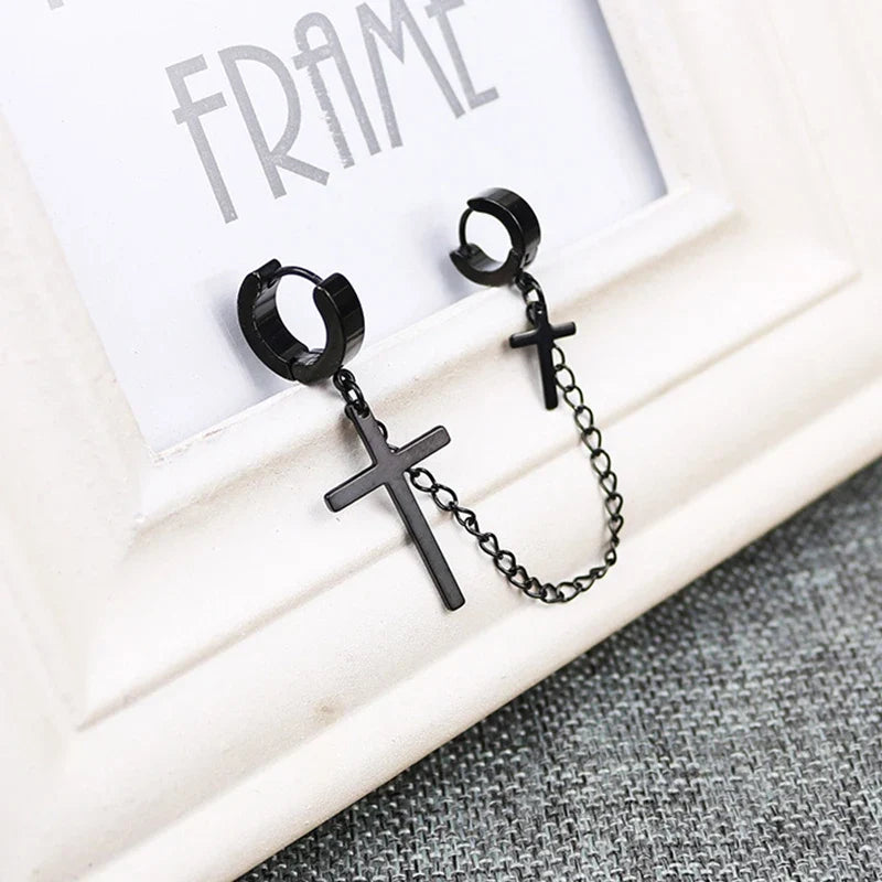 Cross Tassel Clip Earrings | Unisex Punk Hoop Earrings with Chain