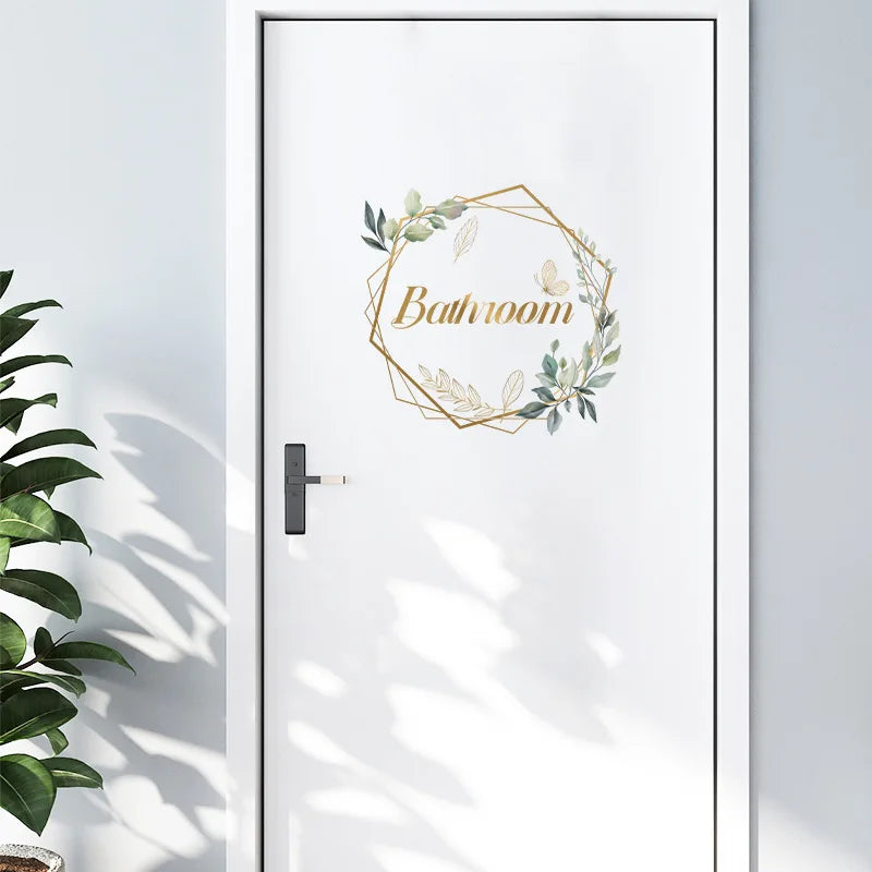 Green Plant Toilet Door Sticker Golden Letter Removable Self-adhesive Waterproof PVC Bathroom Decoration Decal
