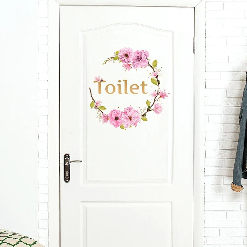 Flower Toilet Door Wall Stickers | Elegant Bathroom Decor Signs