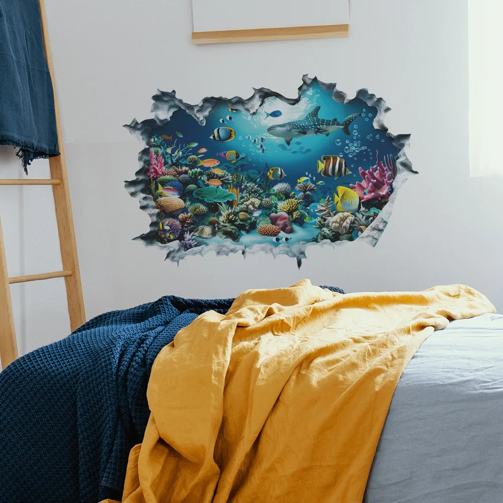 3D Shark Wall Stickers for Kids Room | Ocean Aquarium Broken Wall Decals