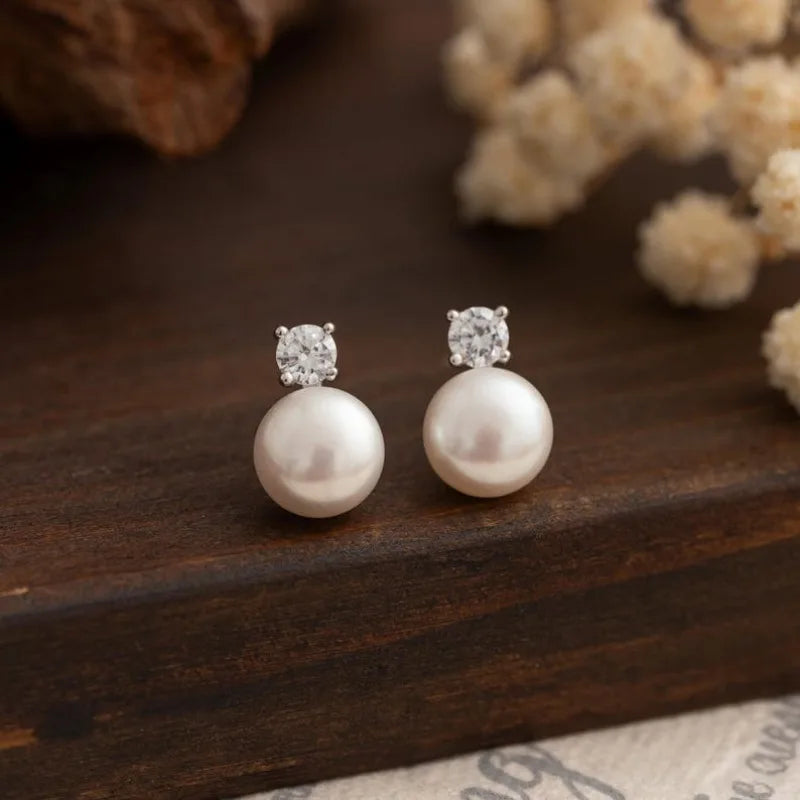 Dainashi 7-8mm Natural Freshwater Pearl Stud Earrings | Dainty Crystal Pearl Jewelry Gift