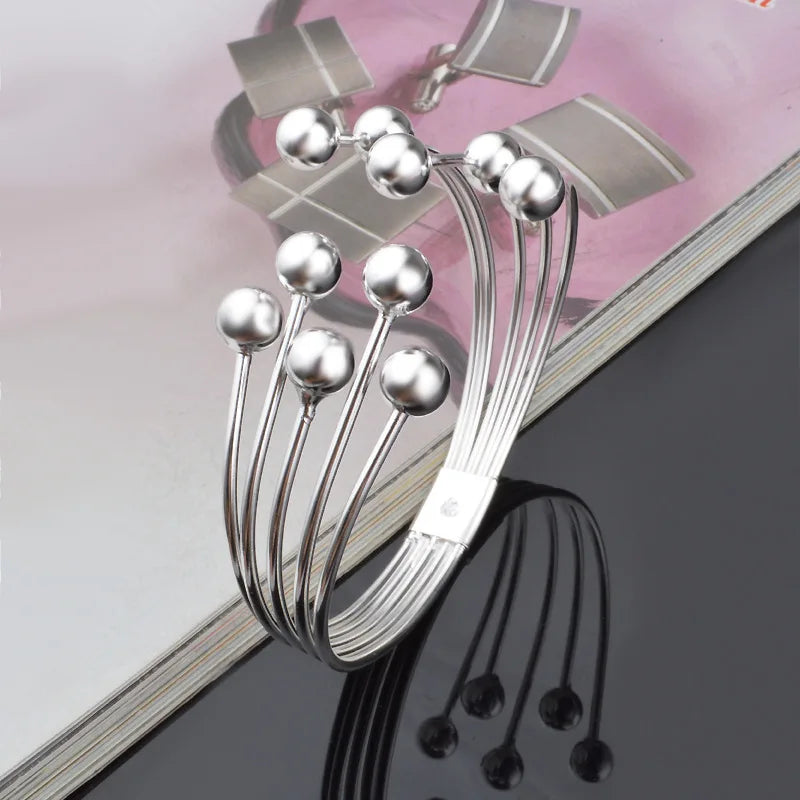 Andara 925 Silver Bead Open Cuff Bracelet Bangle | Unisex Sterling Silver Jewelry Gift