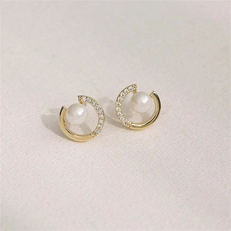 Geometric Pearl Stud Earrings | Fashion Round Zircon Earrings
