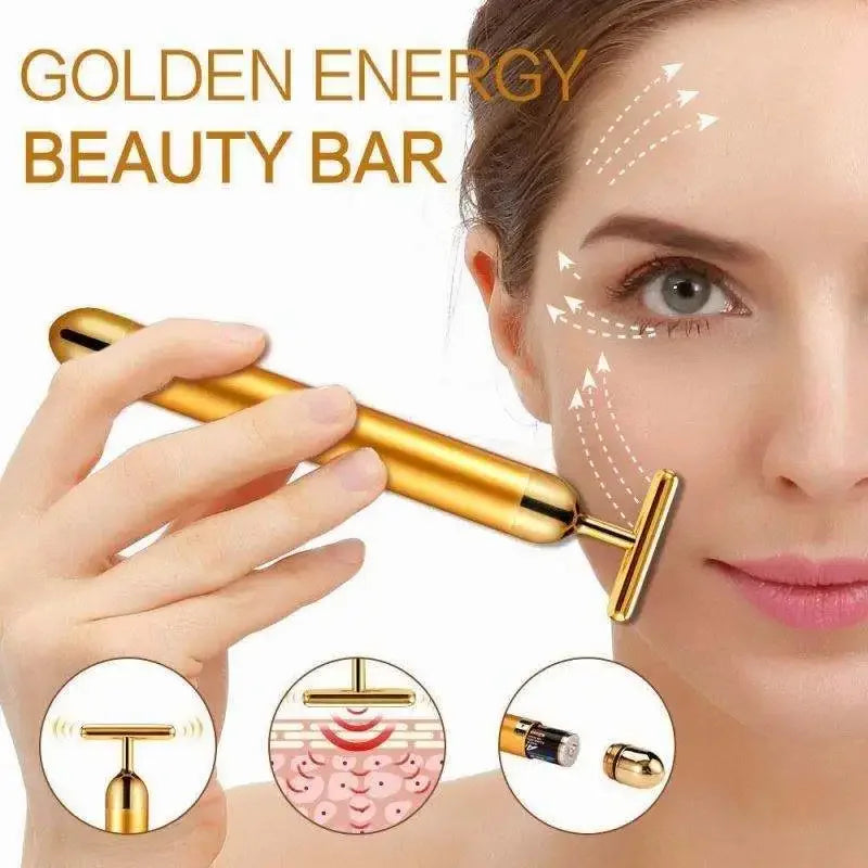 24K Electric Face-Lifting Rose Gold Stick T-Shaped Facial Massager | Skin Tightening Beauty Tool