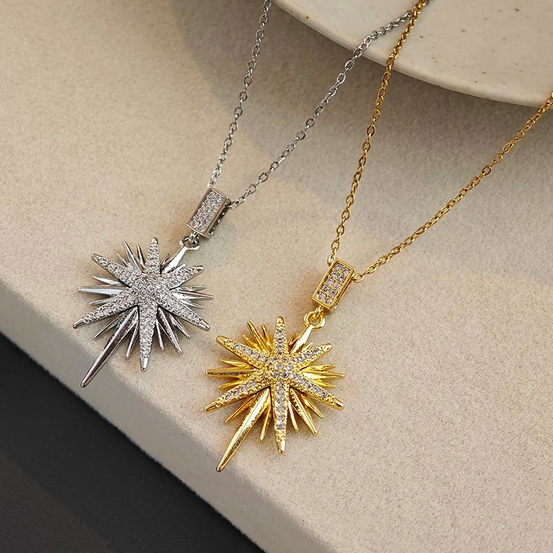 316L Stainless Steel Star Pendant Necklace | Shiny Zircon Jewelry for Women