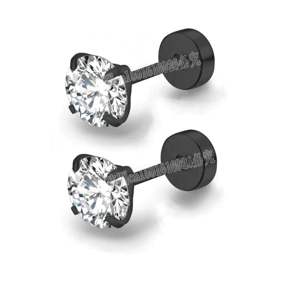 Stainless Steel Cubic Zirconia Stud Earrings | Screw-Back CZ Earrings for Women and Men