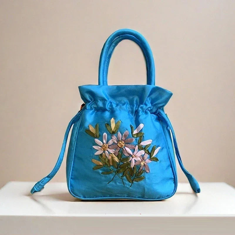 ZTBBAO Embroidered Flower Bucket Bag | Small Top Handle Handbag for Women