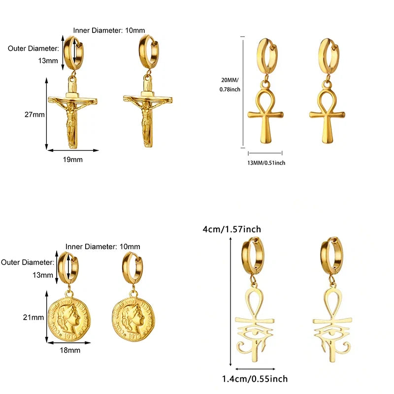 18K Gold Plated Portrait Coin Earrings | Stainless Steel Jesus Cross Dangle Huggie Earrings