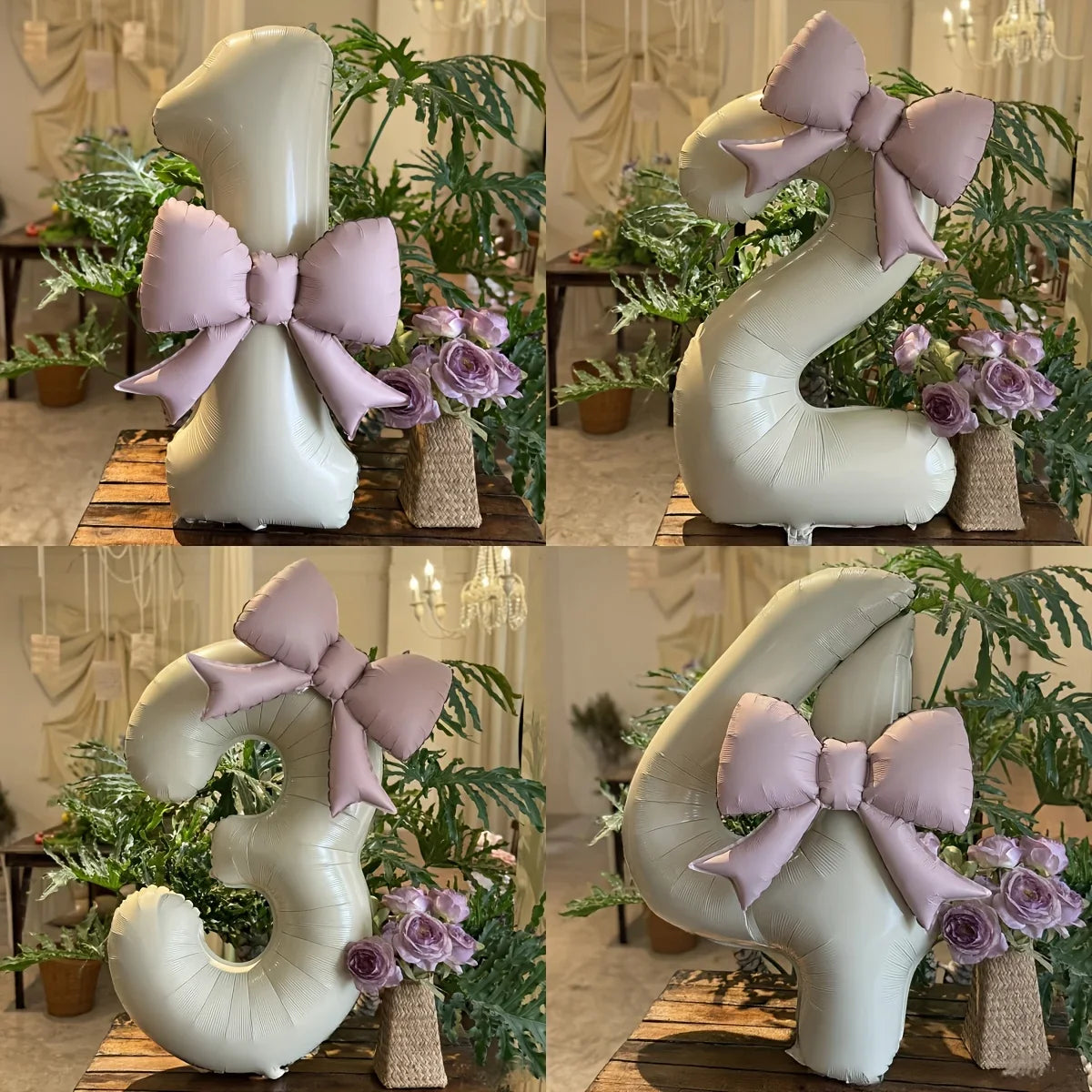 2 Pcs 32 Inch Cream Digital Balloon Set with Pink Bow | Aluminum Foil Party Decor