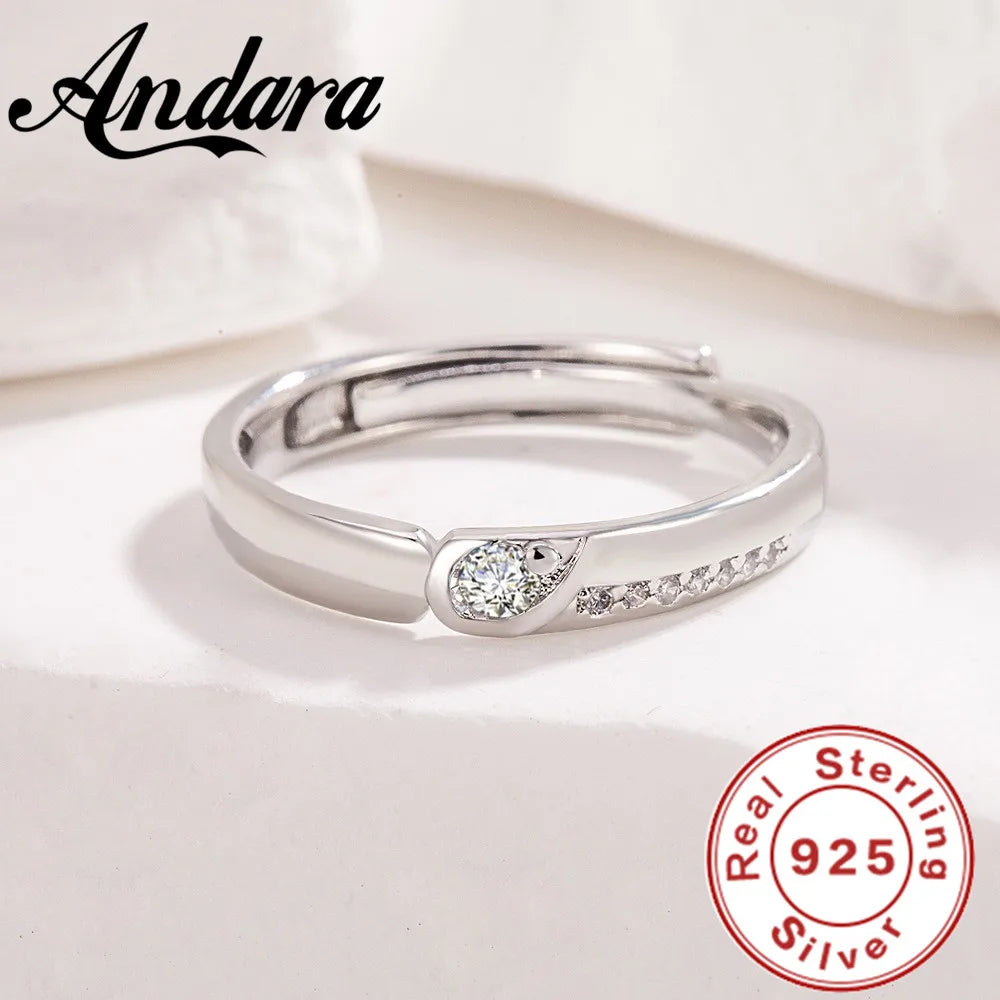 Real 925 Sterling Silver Open Ring with AAA Zirconia | Adjustable Wedding Band