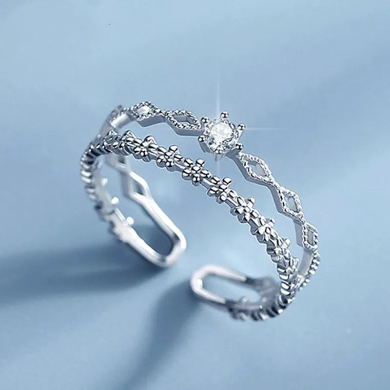 VENTFILLE 925 Sterling Silver Flower Lace Ring | Korean Fashion Adjustable CZ Ring