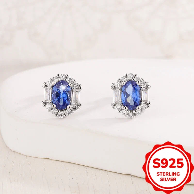 S925 Sterling Silver Sapphire Stud Earrings | Women's Fine Jewelry Gift