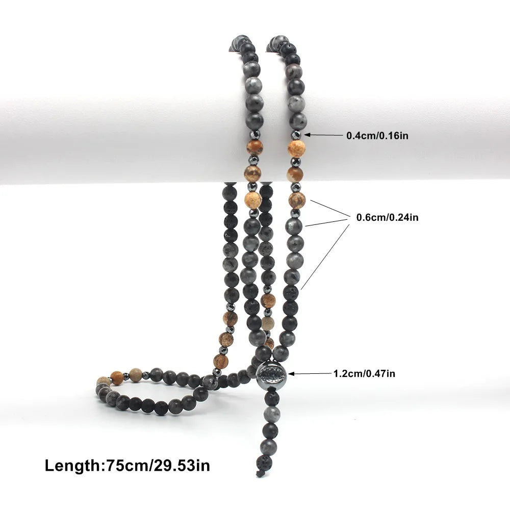 6mm Natural Map Stone Beaded Necklace | Black Shimmerstone Hematite for Unisex
