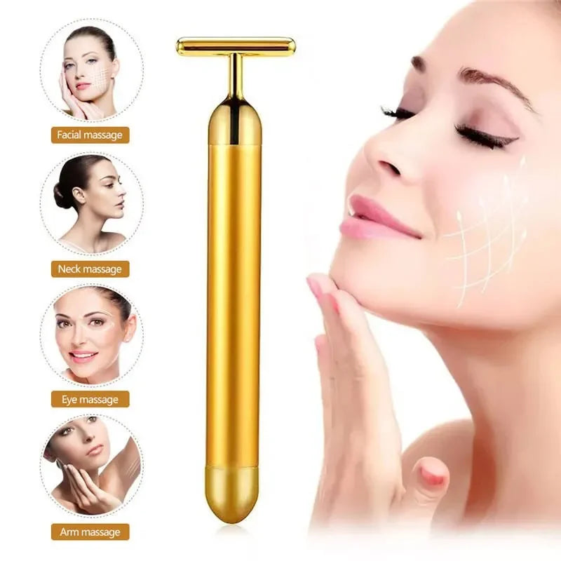24K Electric Face-Lifting Rose Gold Stick T-Shaped Facial Massager | Skin Tightening Beauty Tool
