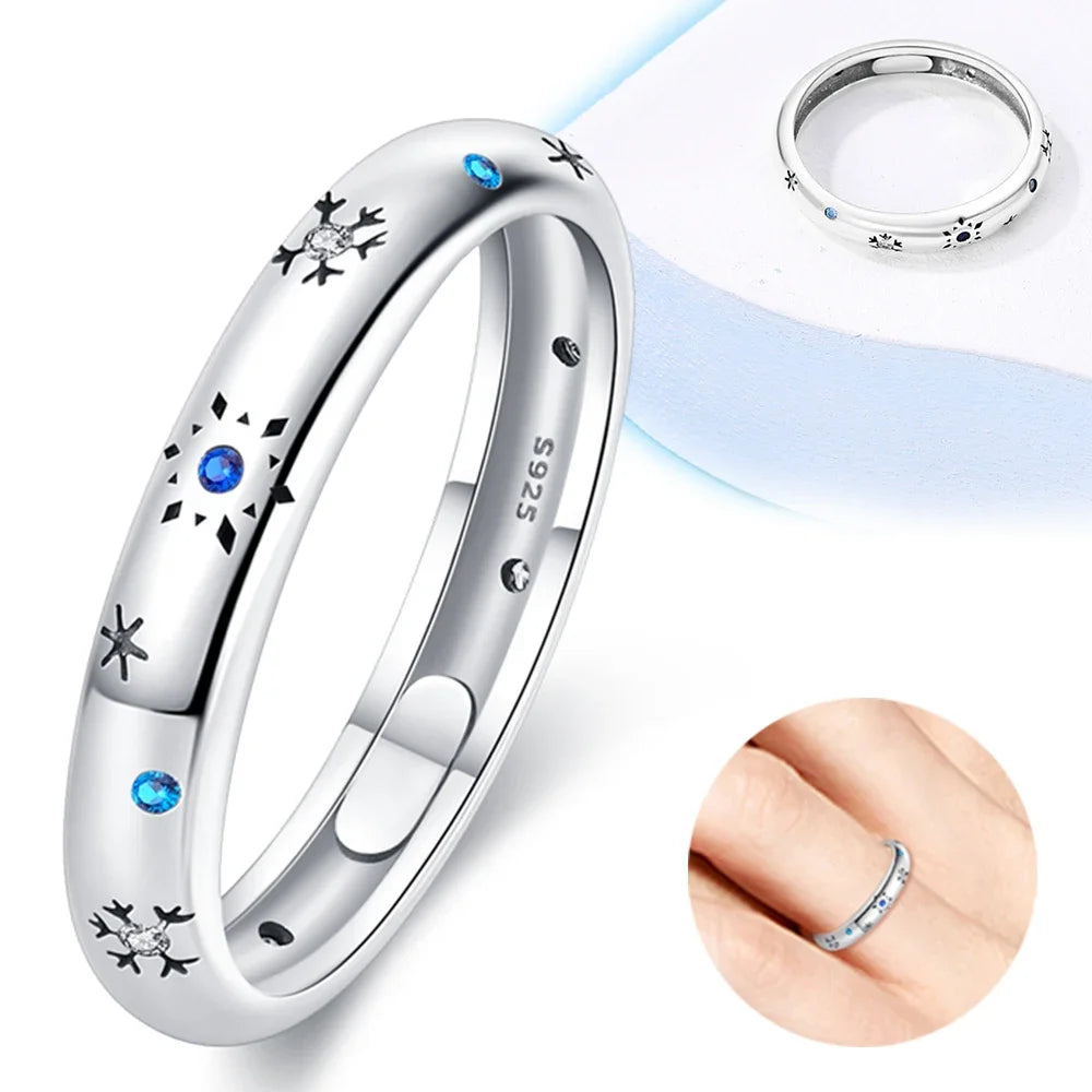 925 Sterling Silver Blue Zircon Snowflake Ring | Winter Christmas Wedding Party Jewelry