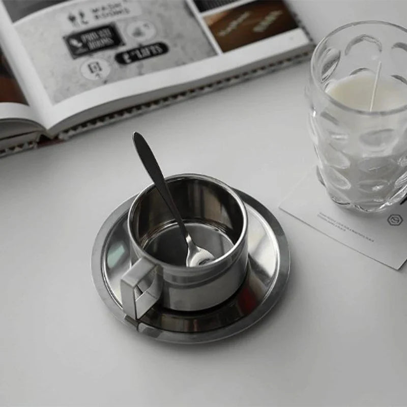 Double Wall Stainless Steel Coffee Cup Set | 180ml/200ml Hot Drink Set with Saucer and Spoon