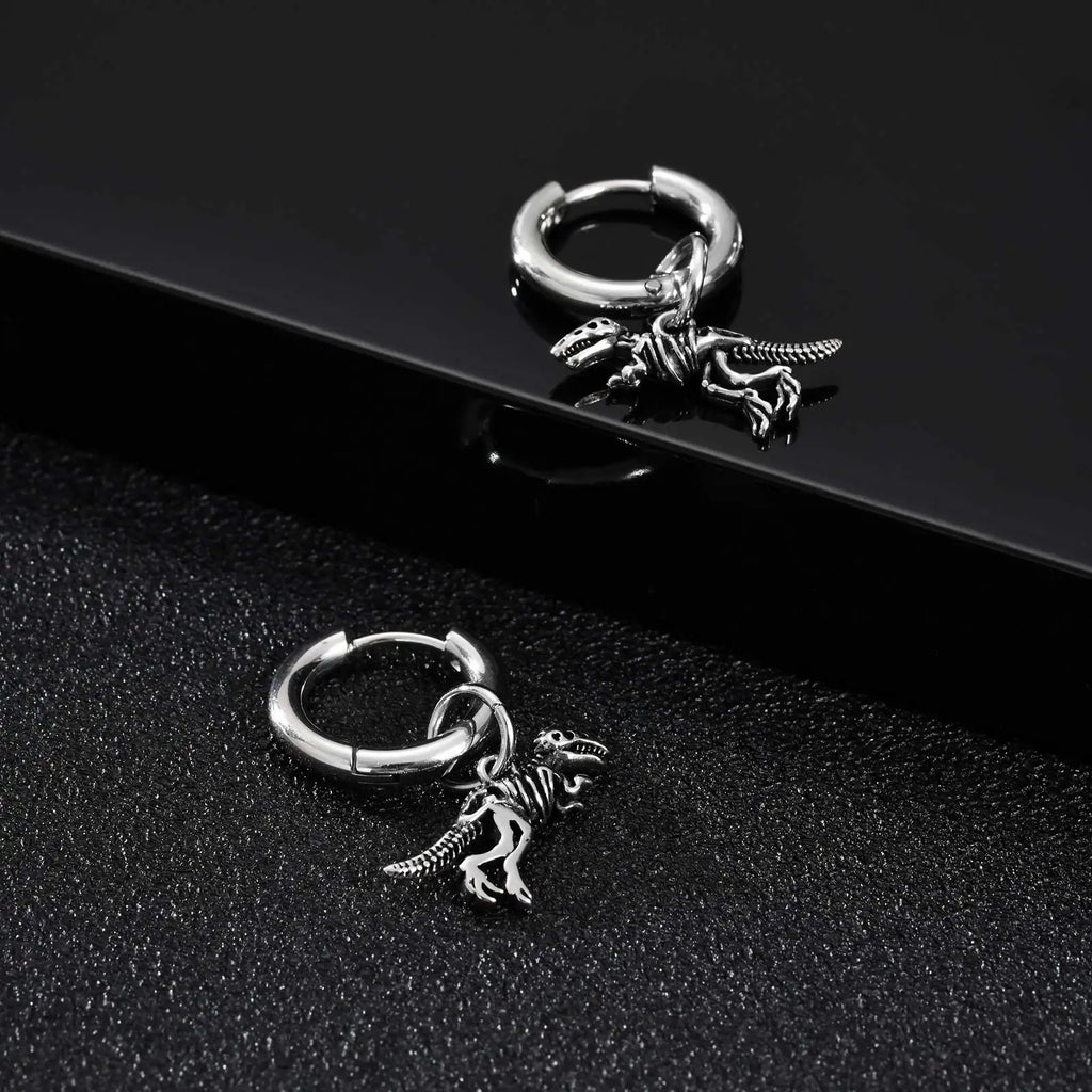 Dinosaur Drop Earrings | Stainless Steel Punk Rock Jewelry for Men and Women