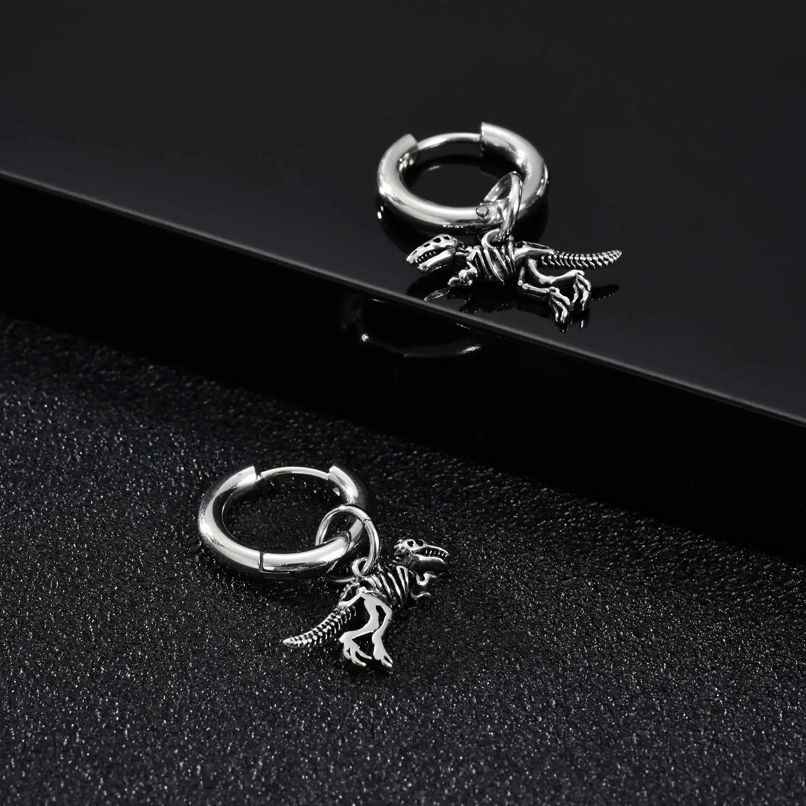 Dinosaur Drop Earrings | Stainless Steel Punk Rock Jewelry for Men and Women