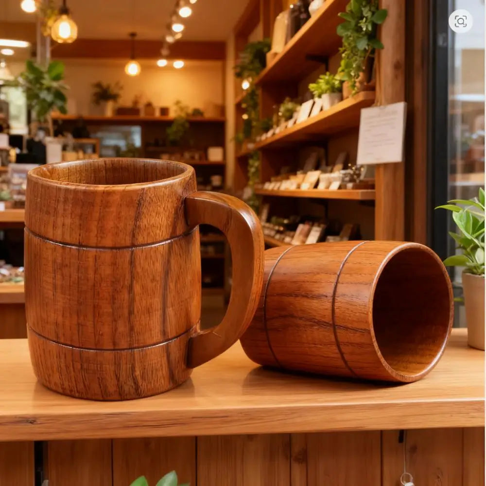 Handcrafted Wooden Coffee Mug | 320ml Natural Solid Wood Beer Cup with Handle