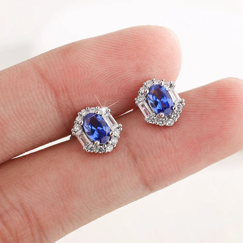S925 Sterling Silver Sapphire Stud Earrings | Women's Fine Jewelry Gift
