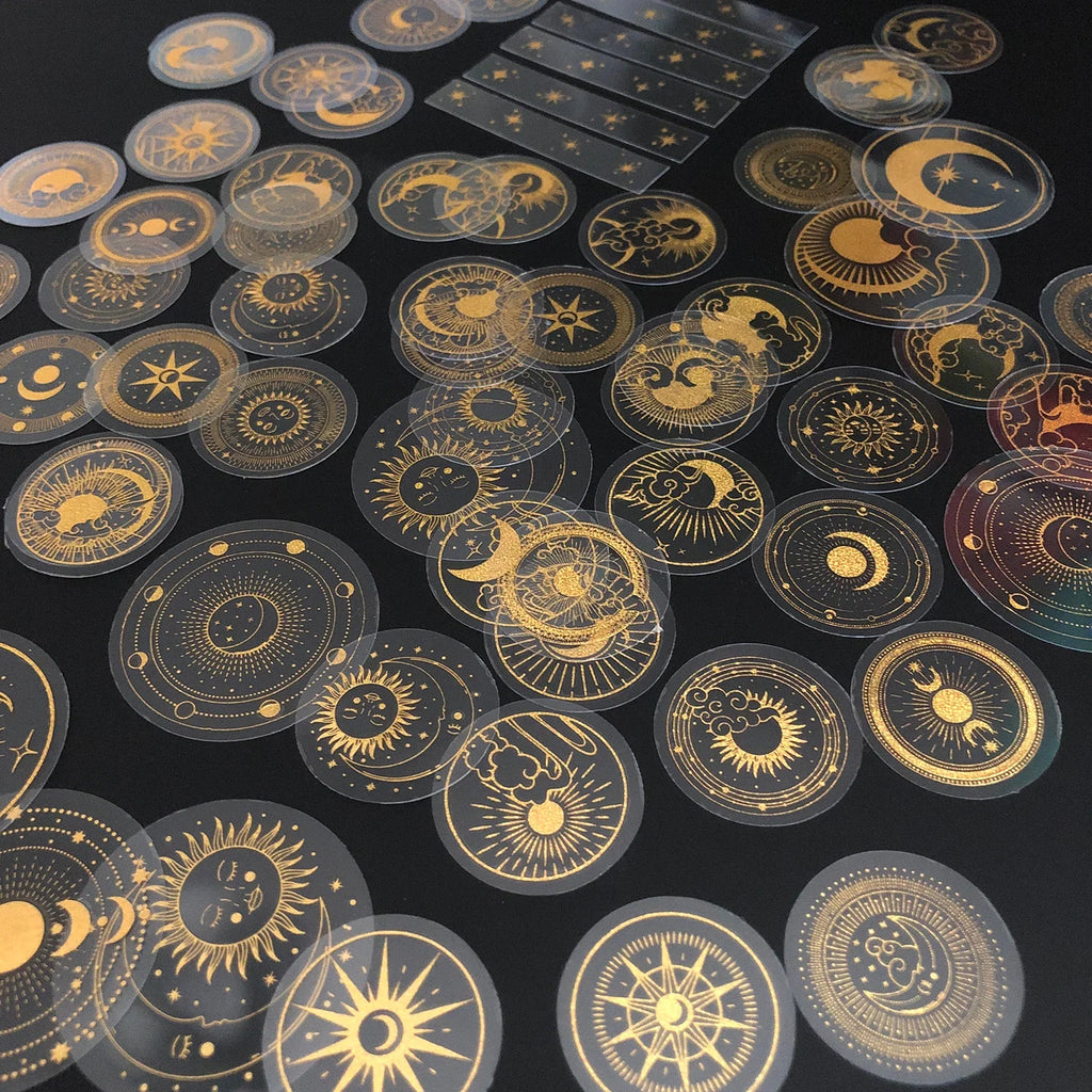 70 pcs Glitter Gold PET Adhesive Stickers | Waterproof Transparent Label Set