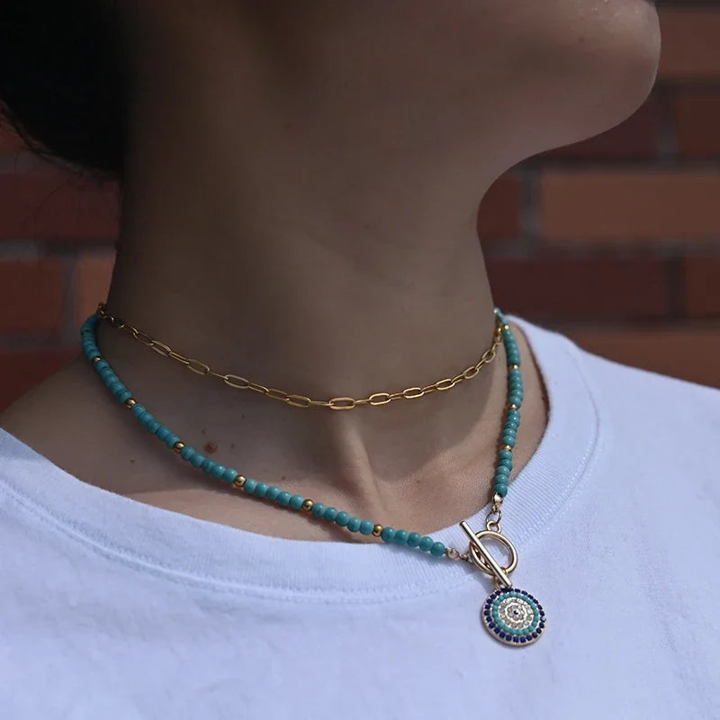Colorful Stone Choker Necklace | Round Evil Charm Pendant for Women