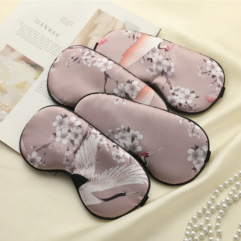 Imitated Silk Sleeping Eye Mask with Crane Print | Adjustable Blindfold for Travel and Relaxation