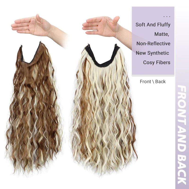 Long Synthetic Fishing Line Hair Extensions Elegant Water Wave Curly Styles for Women | Lightweight Fluffy-Looking Hairpiece