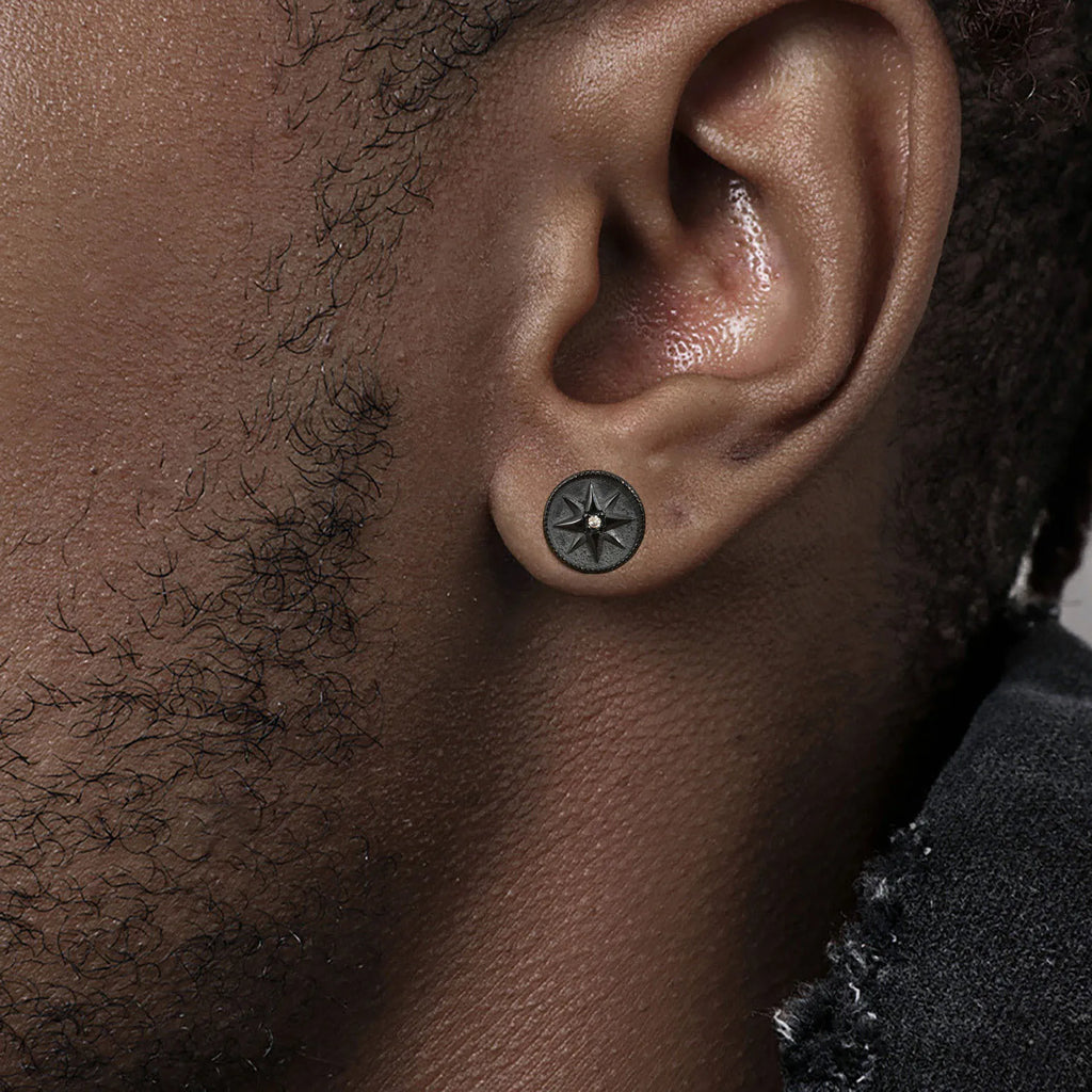 Black Compass Stud Earring for Men | Nautical Star with White Zircon