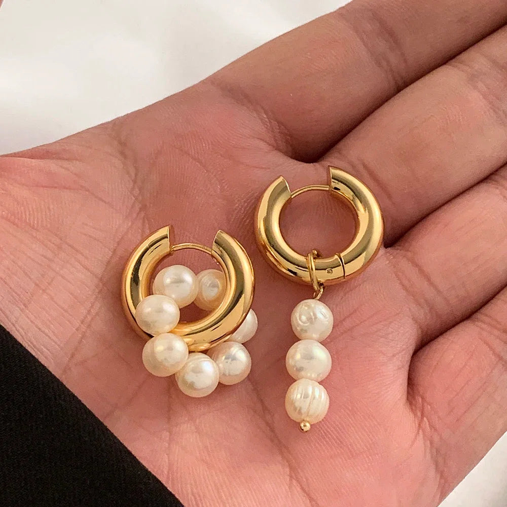Trendy Asymmetry Pearl Drop Earrings | Stainless Steel Huggie Hoops for Women