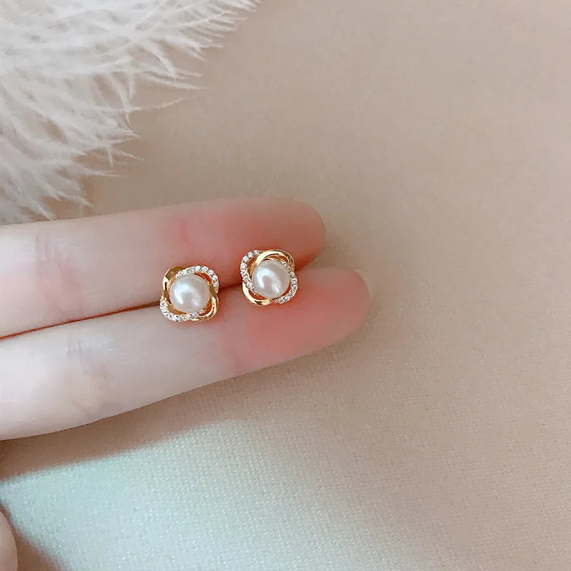 14k Gold Zircon Pearl Twist Stud Earrings | Luxury Women's Jewelry