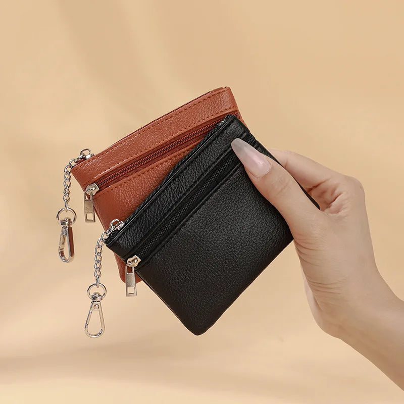 Mini Leather Card Holder Wallet | Compact Zipper Coin Purse for Women