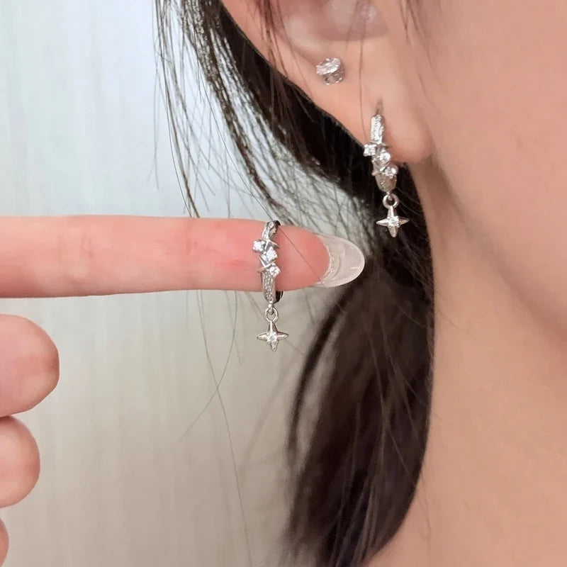 Metal Four Star Hoop Earrings for Women | Simple Zircon Geometric Circle Earrings