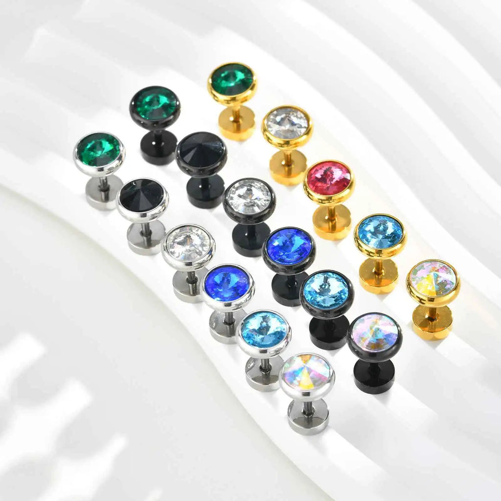 8mm Stainless Steel Screw Back Earrings for Men | Faceted Zircon Studs