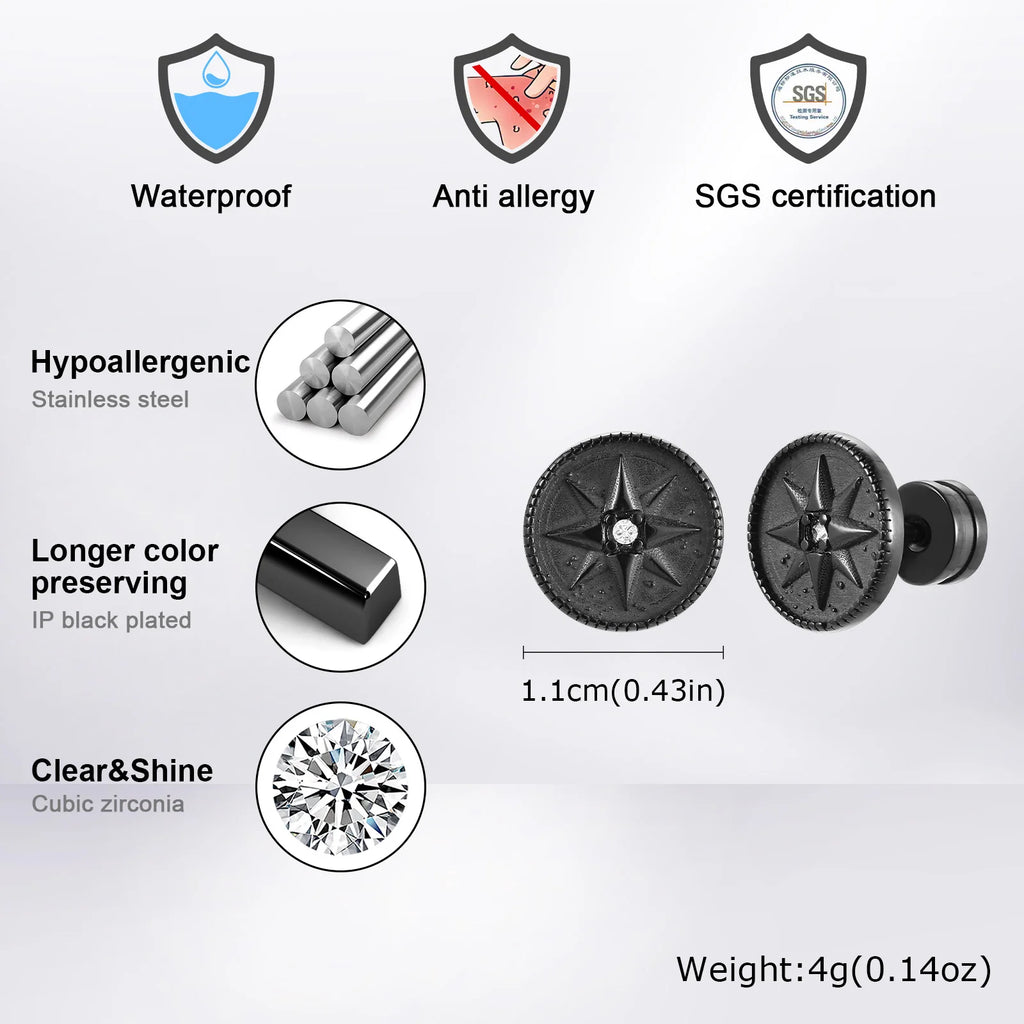 Black Compass Stud Earring for Men | Nautical Star with White Zircon