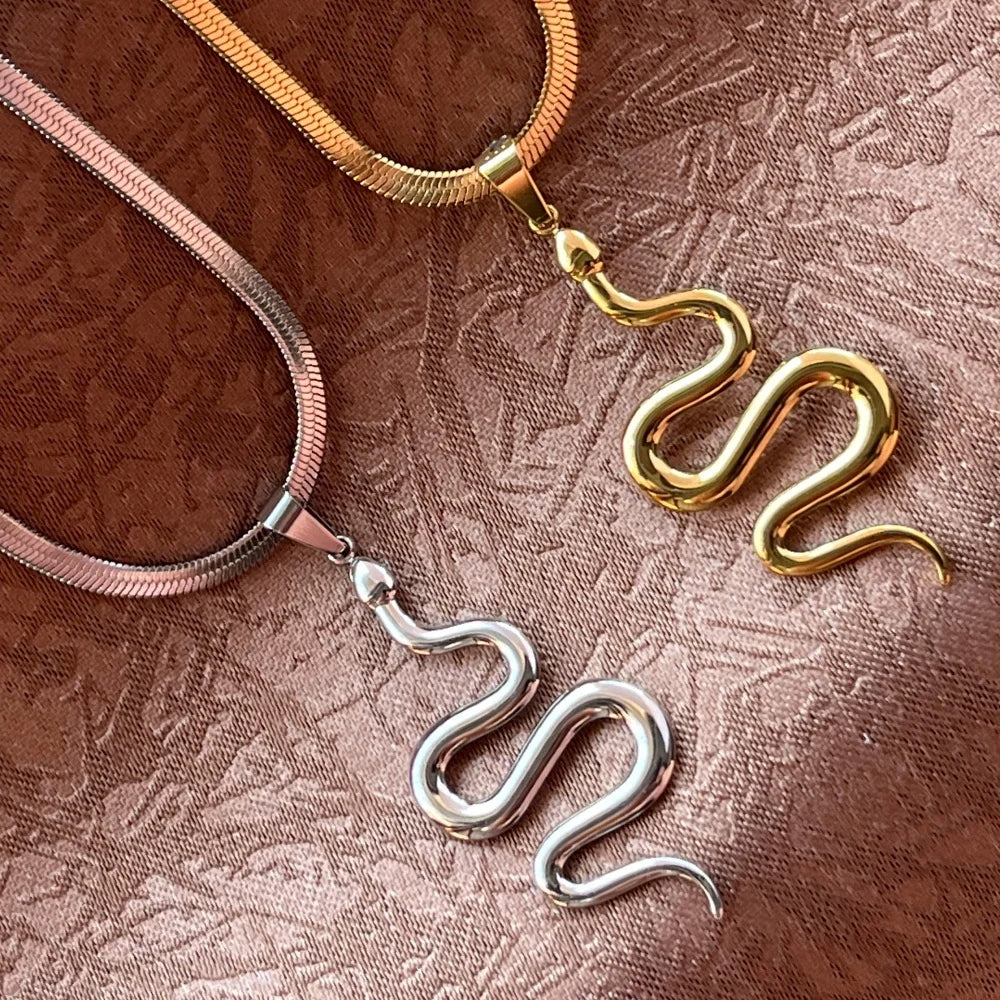 Long Snake Pendant Necklace | Flat Chain Choker for Women
